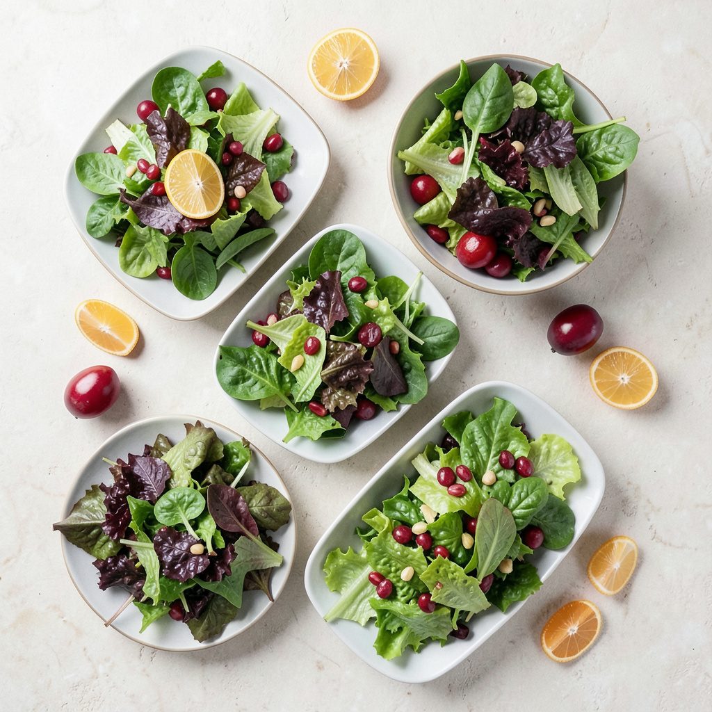 Overhead flat-lay photograph of leafy green salads with citrus segments on a pale stone surface, fresh and light in mood.